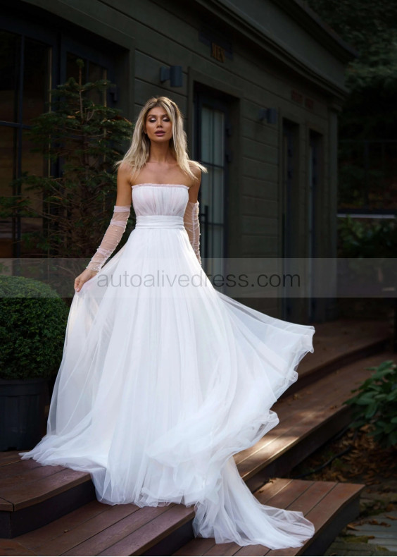 Strapless White Tulle Flowing Wedding Dress With Detachable Sleeves